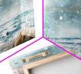 Coastal Christmas Lighthouse Decor Framed Canvas Print, Snowy Beach Scene with Holiday Wreath and Lighthouse Winter Wall Art