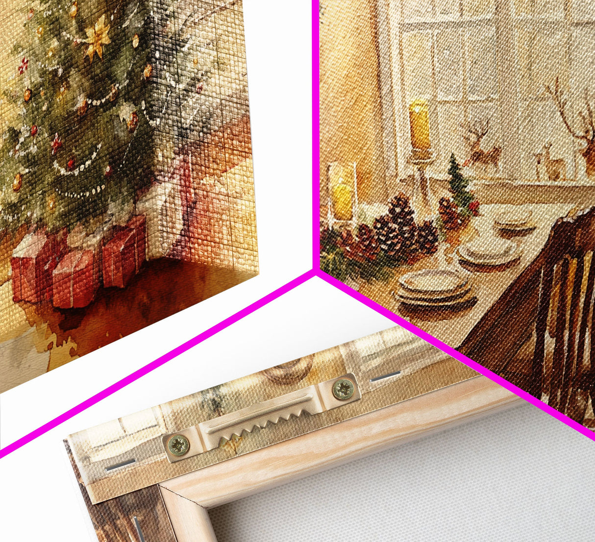 Rustic Christmas dining room scene with a Christmas tree, Framed Canvas Print with a festive table warm fireplace, farmhouse holiday decor