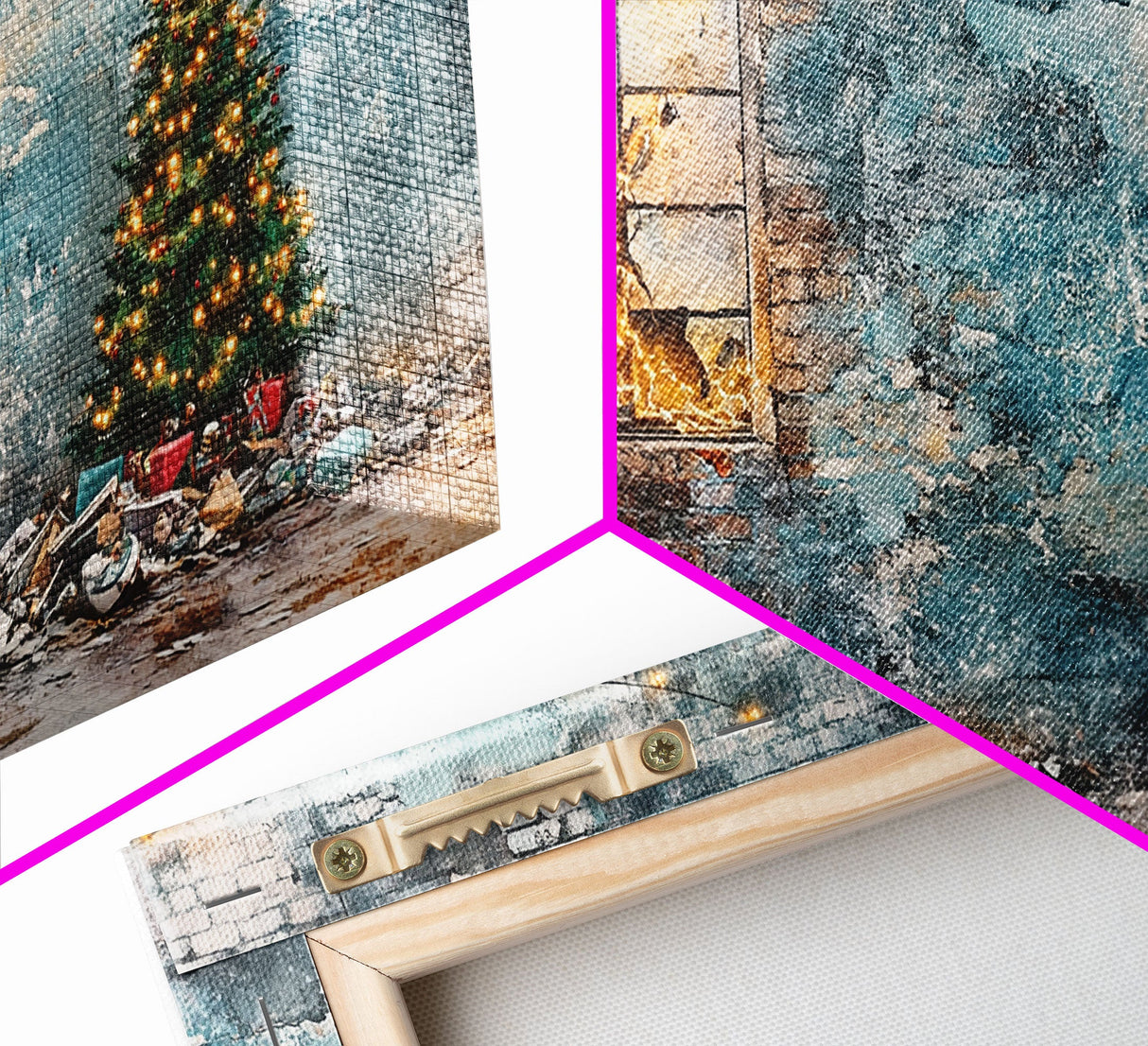 Rustic urban Christmas wall art with a glowing window and decorated tree, framed canvas print perfect seasonal decor, winter holiday display