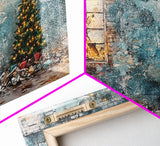 Rustic urban Christmas wall art with a glowing window and decorated tree, framed canvas print perfect seasonal decor, winter holiday display