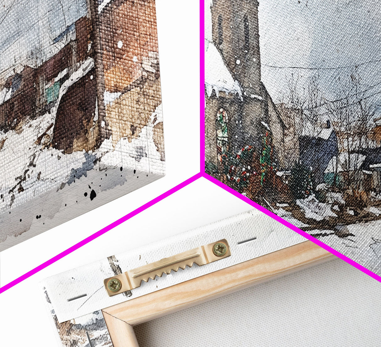 Snowy church scene framed canvas print, stained glass church in winter with snow-covered rooftops, perfect Christmas or holiday art display