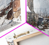 Snowy church scene framed canvas print, stained glass church in winter with snow-covered rooftops, perfect Christmas or holiday art display