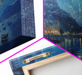 Horizontal Oil Painting Print - Italy At Night - Portofino Wall Art - Horizontal Panoramic Print - Full Moon Painting