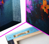Purple and Orange Flowers on Navy Blue Background, Panoramic Framed Canvas Art, Oil Painting Print, Boho Style Wall Art, Dark Home Decor, Moody Art