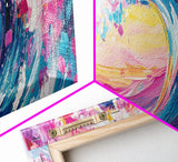 Rainbow Waves, Pink and Turquoise Ocean Waves Framed Canvas Print, Eclectic Kitsch Decor, Retro Farmhouse Wall Art