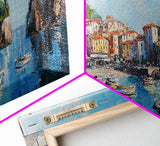 Muted Italian Fishing Village Painting Print, Boho Wall Art, Minimalist Style Panoramic Painting, Extra Large Oversized Wall Art, Home Decor / Gift Idea