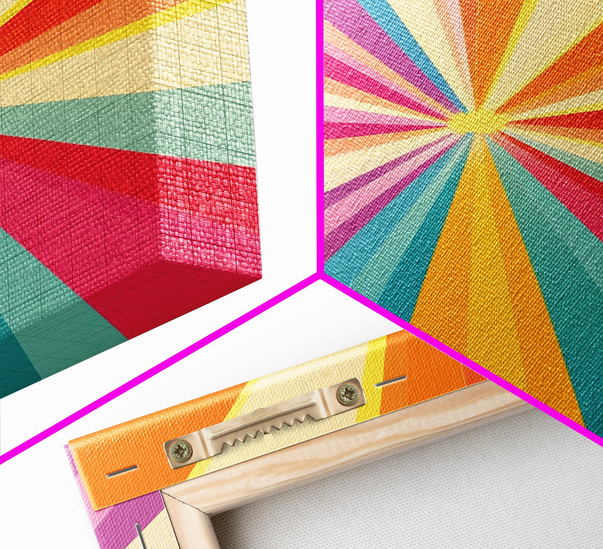 Tahiti Gold, Light Tan, Carmine Pink and Teal Wall Art, Framed Canvas Print, Beautiful MCM Inspired Boho Decor, Geometric Wall Art