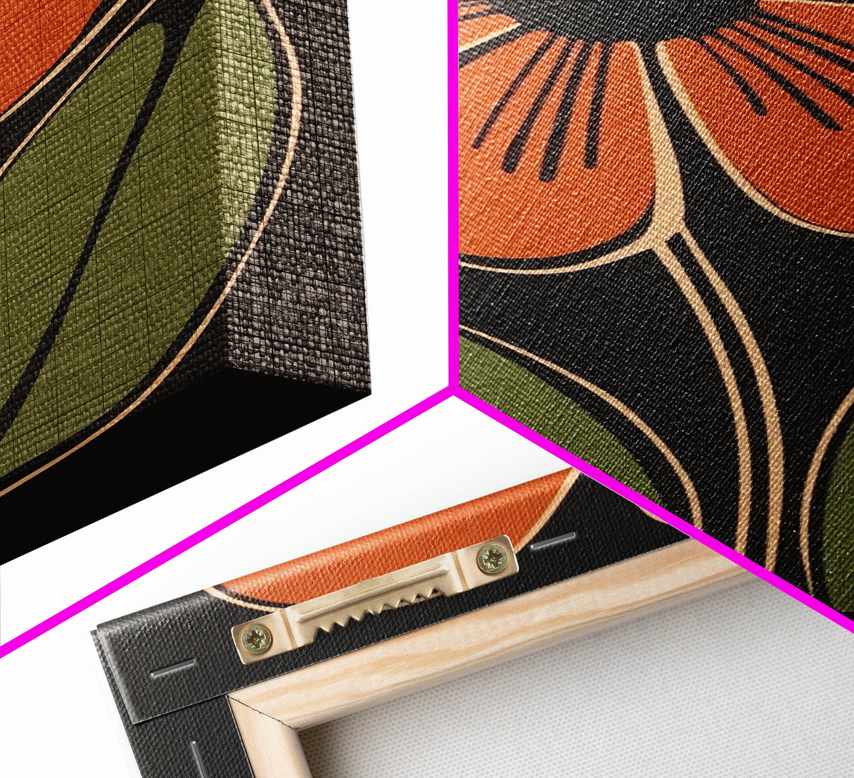 Mid Century Modern Floral Print, Orange Flower on Black Background, Framed Canvas Print