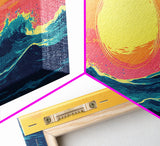 Synthwave Sunset Over Ocean Waves, Framed Canvas Print, Retro 80s Inspired Home Decor Wall Art