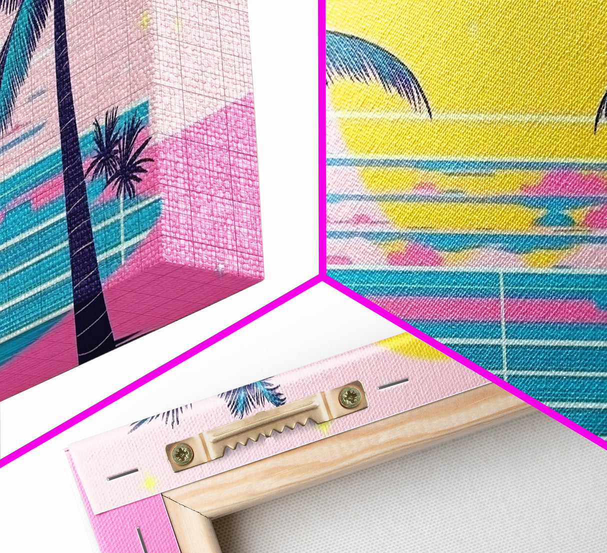 Retro Synthwave Wall Art, Outrun Home Decor Framed Canvas Print, Two Palm Trees and a Sunset