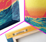Retro Sunset Over The Ocean, Framed Canvas Print, Beautiful Synthwave Horizontal Wall Art