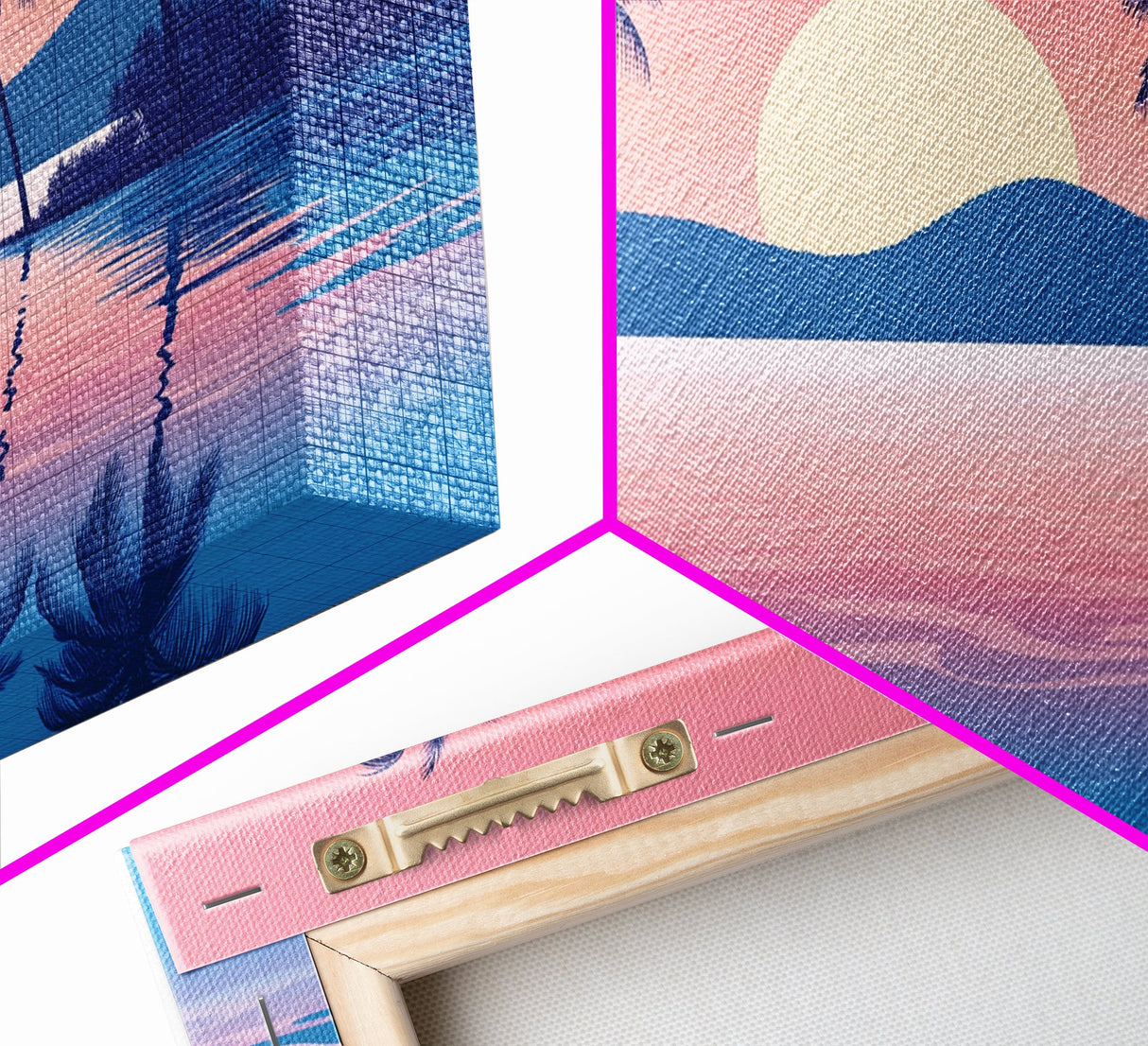 Abstract Vaporwave Sunset Over A Beach Landscape, Framed Canvas Print, Modern Art, Unique Wall Decor, Framed Canvas Art