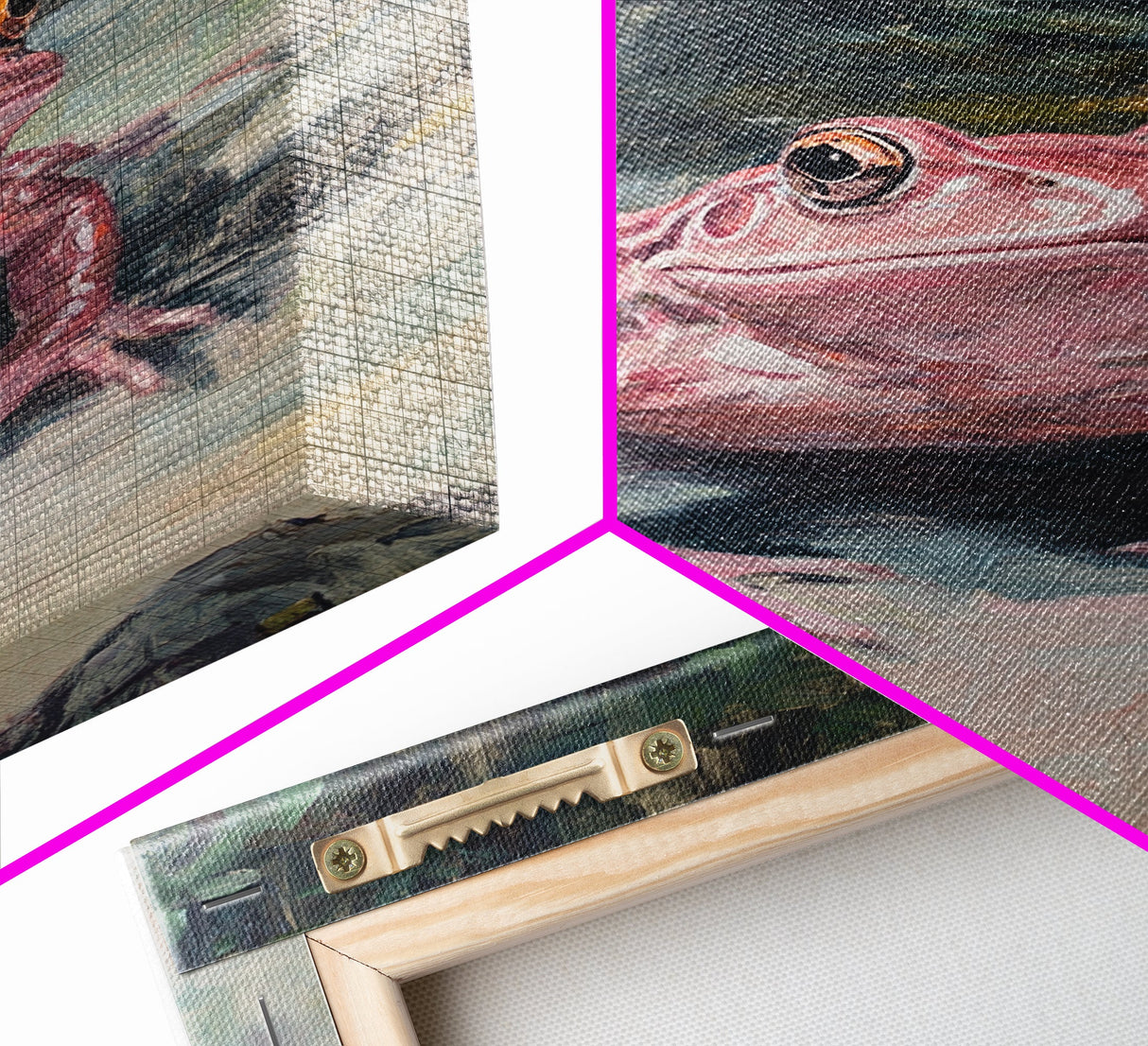 Painting of a Pink Frog, Framed Canvas Print, Wood Framed Wall Art, Home Decor, Preppy Pink Frog Wall Art, Dark Academia Decor