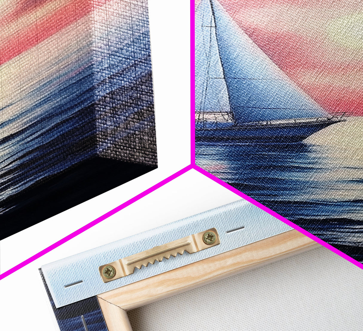 Vaporwave Sail Boat at Sunset, Framed Canvas Print, Retro Sail Boat Painting