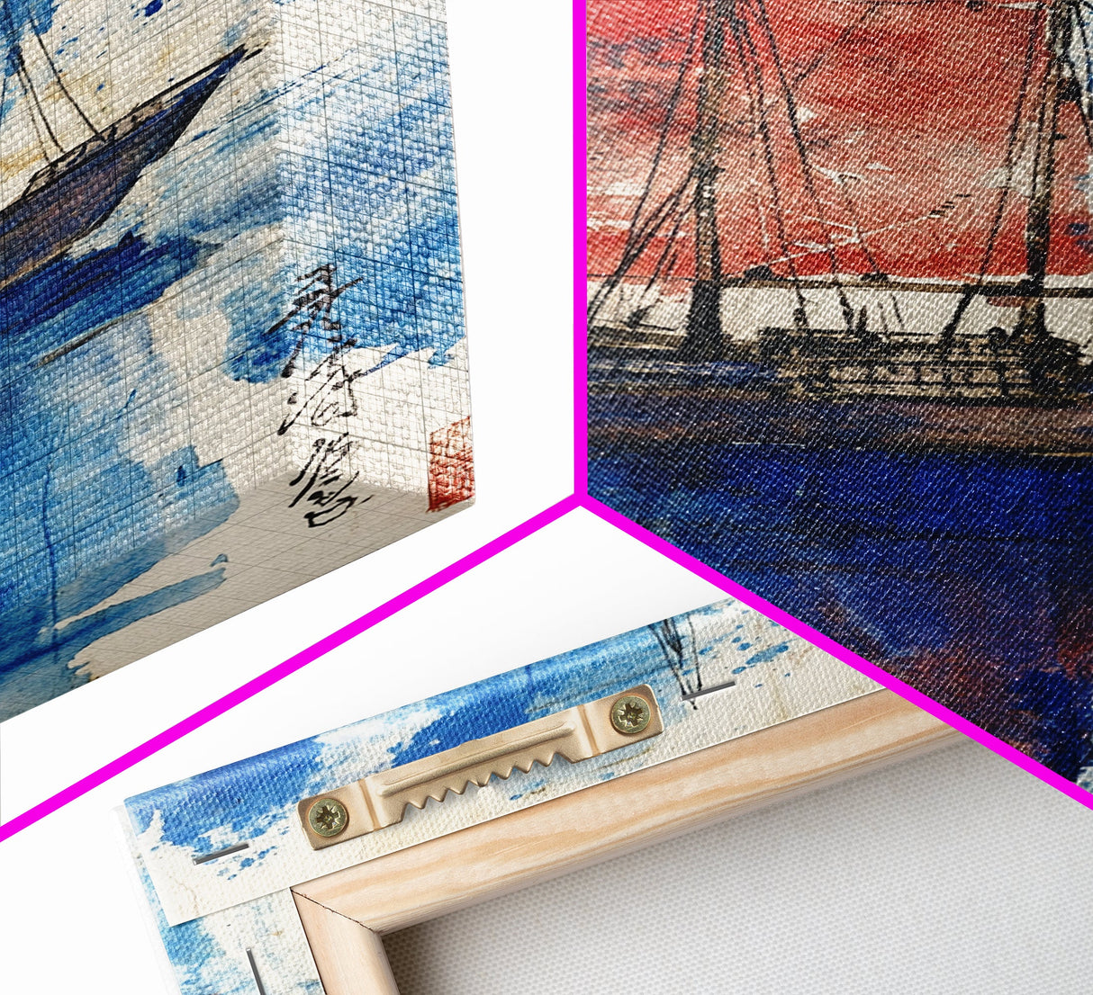 Japanese Sail Boat Watercolor Painting Print, Wood Framed Canvas Print, Wabi Sabi Nautical Wall Art, Lake House Art