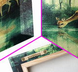 Young Deer Drinking Water In The Forest Painting Print, Wood Framed Canvas, Animal Prints, Nursery Decor, Framed Wall Art Home Decor