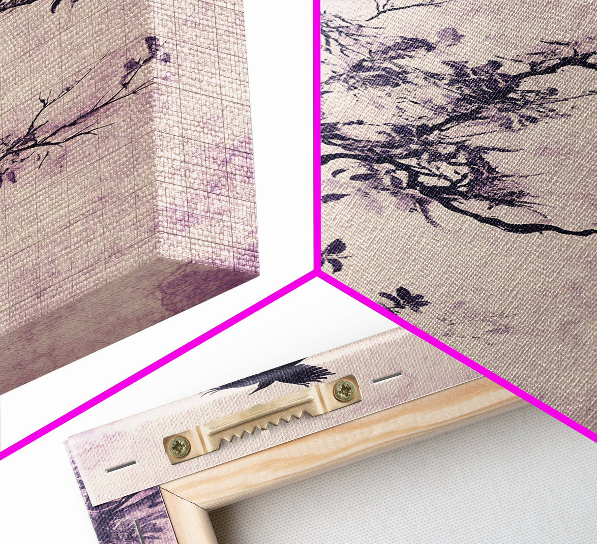 Wabi Sabi Floral Print Framed Canvas Art, Minimalist Home Decor, Purple trees with Crows, Purple Art, Boho Style Modern Art