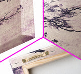 Wabi Sabi Floral Print Framed Canvas Art, Minimalist Home Decor, Purple trees with Crows, Purple Art, Boho Style Modern Art