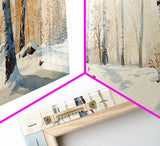 Birch Tree Forest In The Snow Covered Winter Framed Canvas Print, Panoramic Wall Art, Original Birch Tree Art, Birch Tree Painting, Horizontal Art