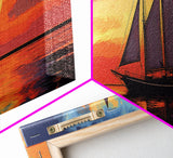 Pirate Ship at Sunset Framed Canvas Print - Panoramic Wall Art - Sailboat Painting - Sail Boat Art - Nautical Decor - Lake House Art