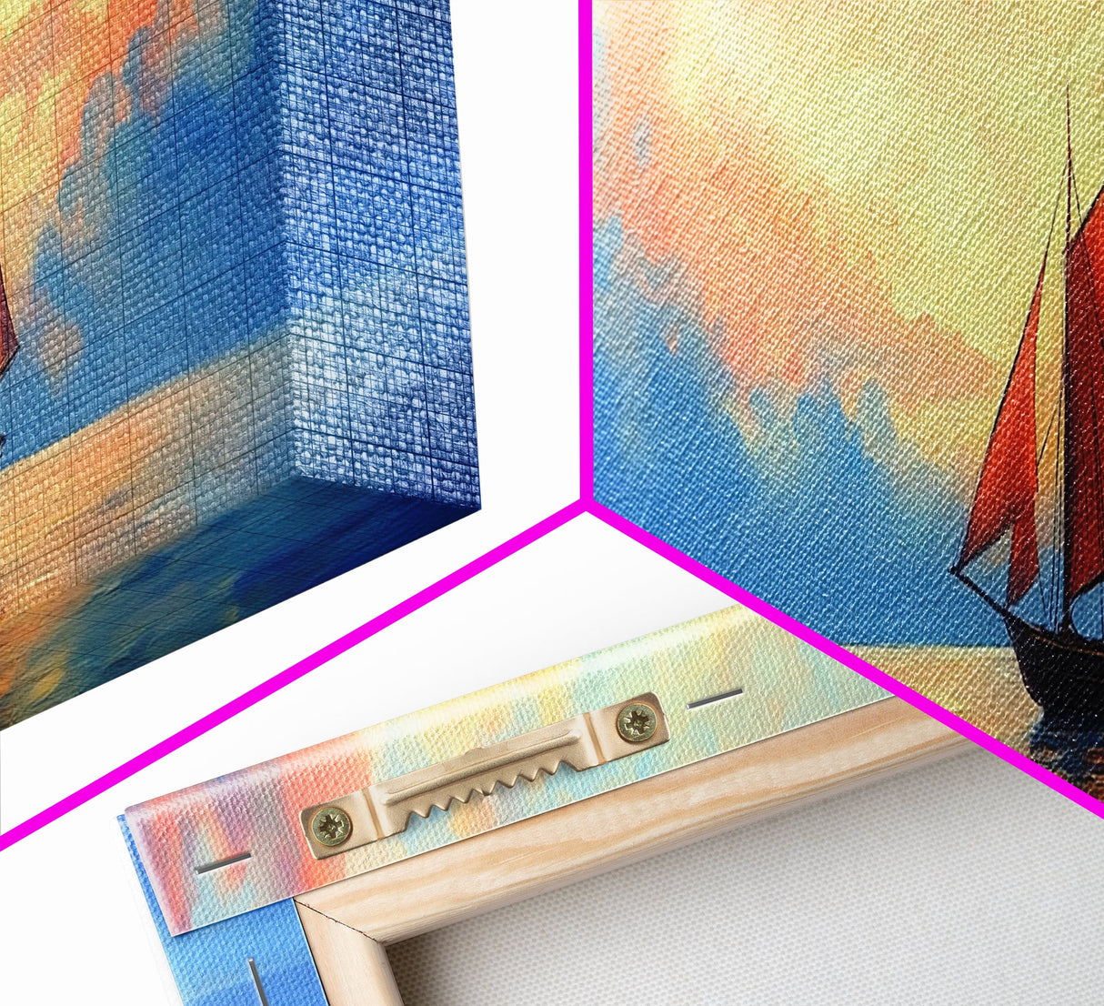 Japanese Sailboat on a Calm Sea, Framed Canvas Print, Panoramic Seascape Landscape Painting, Nautical Home Decor, Ocean Painting