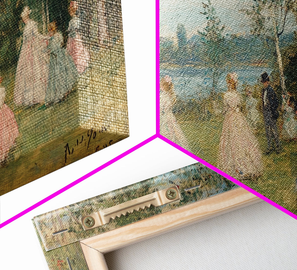 Victorian Spring, Framed Canvas Print, Victorian Style Oil Painting of Ladies On The River
