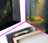 Sun Shines Through The Forest Trees, Framed Canvas Print, Fantasy Landscape Painting, Forest Landscape Oil Painting Print, Living Room Decor
