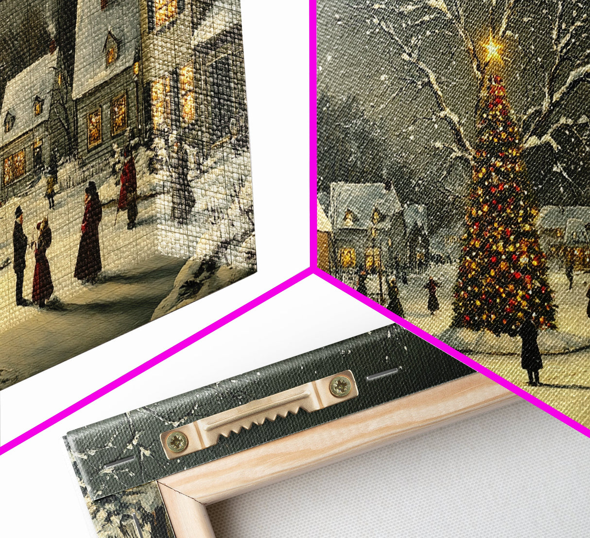 Festive Christmas Village Wall Art Framed Canvas Print, Festive Christmas Street Scene, Cozy Christmas Wall Art, Ready To Hang Xmas Decor