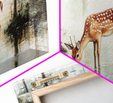Rustic Farmhouse or Cabin Wall Art Painting of a Deer Drinking Water In The Forest, Minimalist Farmhouse Decor, Framed Canvas Print