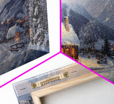 Christmas Mountain Village Oil Painting Print, Framed Canvas, Retro Christmas, Christmas Mountain Landscape Painting, Christmas Art