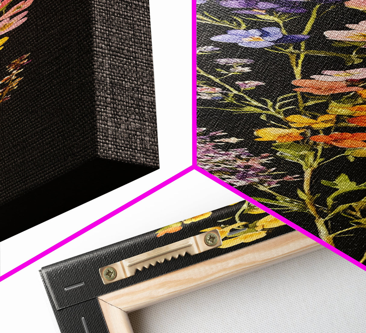 Elegant Wildflower Botanical Art - Framed Canvas Print Featuring Vertical Array of Vibrant Blooms on Dark Background