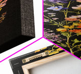 Elegant Wildflower Botanical Art - Framed Canvas Print Featuring Vertical Array of Vibrant Blooms on Dark Background