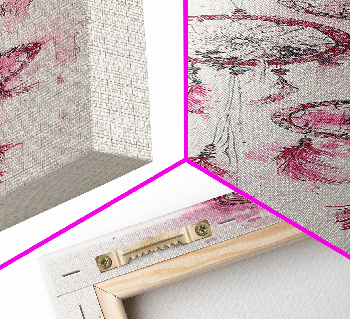 Dreamcatcher Pink Feathers Framed Canvas Print Boho Wall Art Minimalist Long Narrow Art Bedroom Decor Vertical Dorm Wall Art