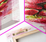 Strawberries Watercolor Painting Framed Canvas Print, Whimsical Kitchen Art, Pink Fruit Rustic Vertical Wall Art, Gift Idea
