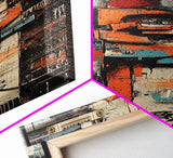 Urban Graffiti Canvas Print with Orange and Teal Accents, Long Narrow Wall Art for Contemporary Home or Living Room Decor