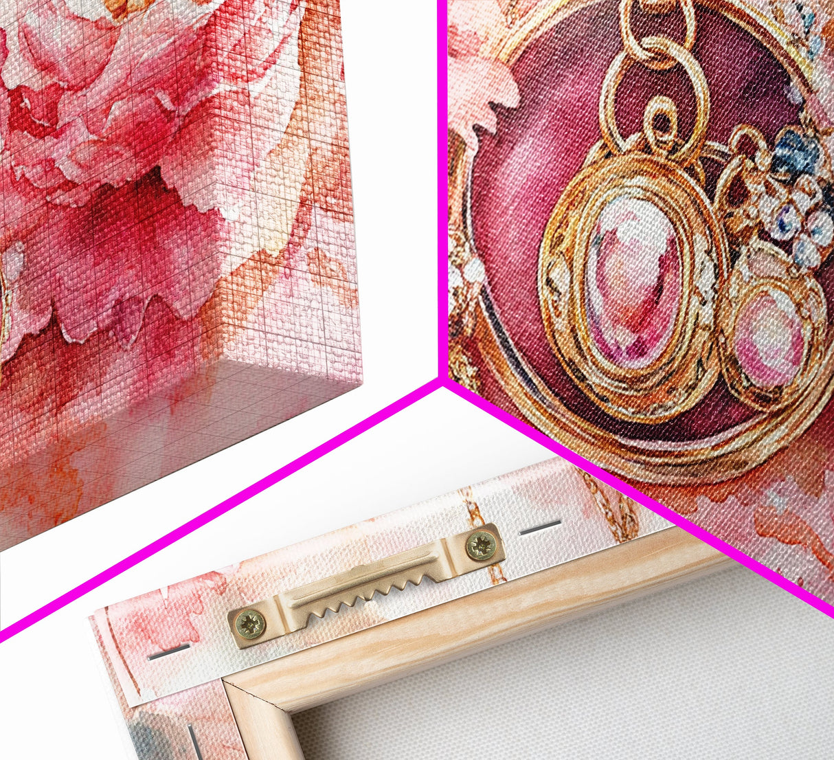 Pink Gemstone Jewelry Canvas Print, Feminine Elegant Artwork, Glamorous Rose Painting, Living Room Wall Art, Unique Decorative Gift