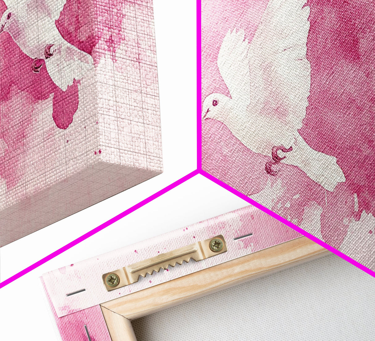 White Dove Flight Canvas Print | Angel Art Prints | Light Pink Wall Art | Minimalist Bird Art | Whimsical Living Room Decor Wall Art