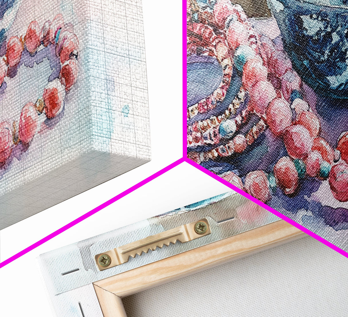 Beaded Necklace Canvas Print | Whimsical Boho Jewelry Wall Art | Pink and Blue Pastel Artwork | Feminine Room Decor | Gift Idea for Her