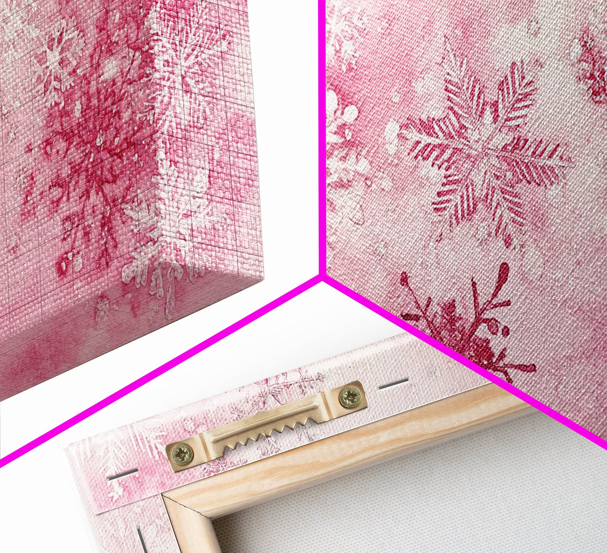 Winter Snowflake Motif with Pink Christmas Wall Art Aesthetic on Framed Canvas Print, Holiday Living Room or Bedroom Decor