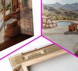 Framed Canvas Print of Desert Retreat with Cactus and Mountain View, Southwest Wall Art, Living Room Boho Decor