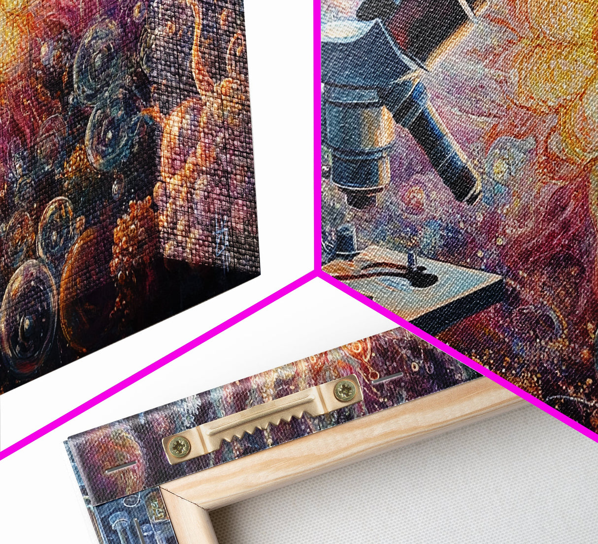 Zen Science Art Framed Canvas Print, Molecular Cosmos Microscope Painting, Moody Therapy Wall Decor, Above Sofa Living Room Art