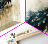 Stunning Peacock Art Framed Canvas Print, Bold Wildlife Wall Decor, Moody Nature Painting, Bedroom Above Sofa Art Gift Idea