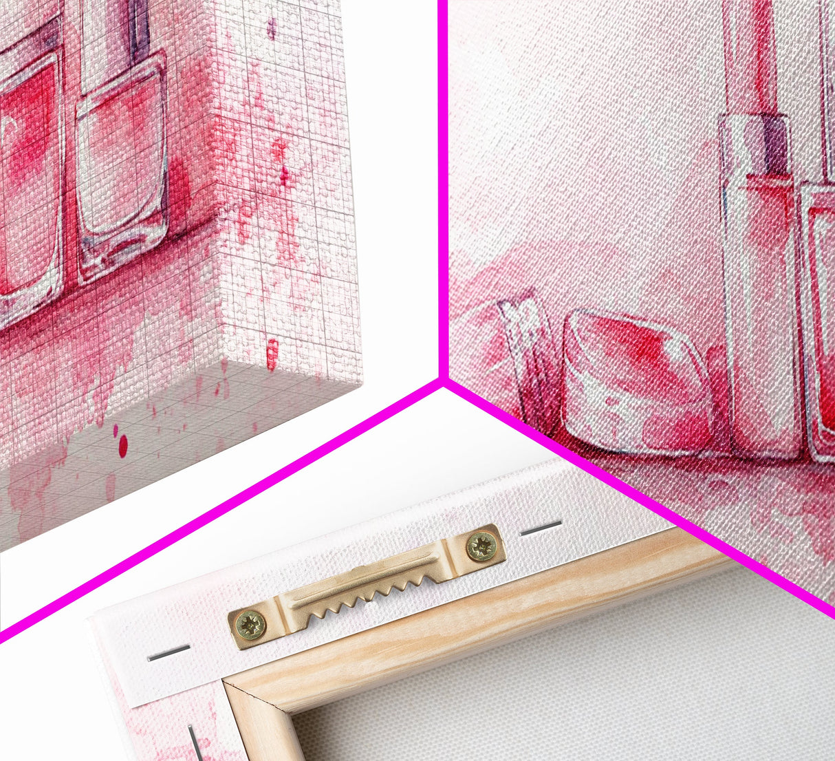 Makeup Art Canvas Print Featuring Lipstick and Nail Polish, Pink Abstract Wall Art for Bedroom or Bathroom Decor, Feminine Gift