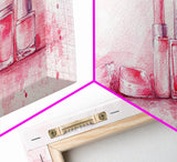 Makeup Art Canvas Print Featuring Lipstick and Nail Polish, Pink Abstract Wall Art for Bedroom or Bathroom Decor, Feminine Gift