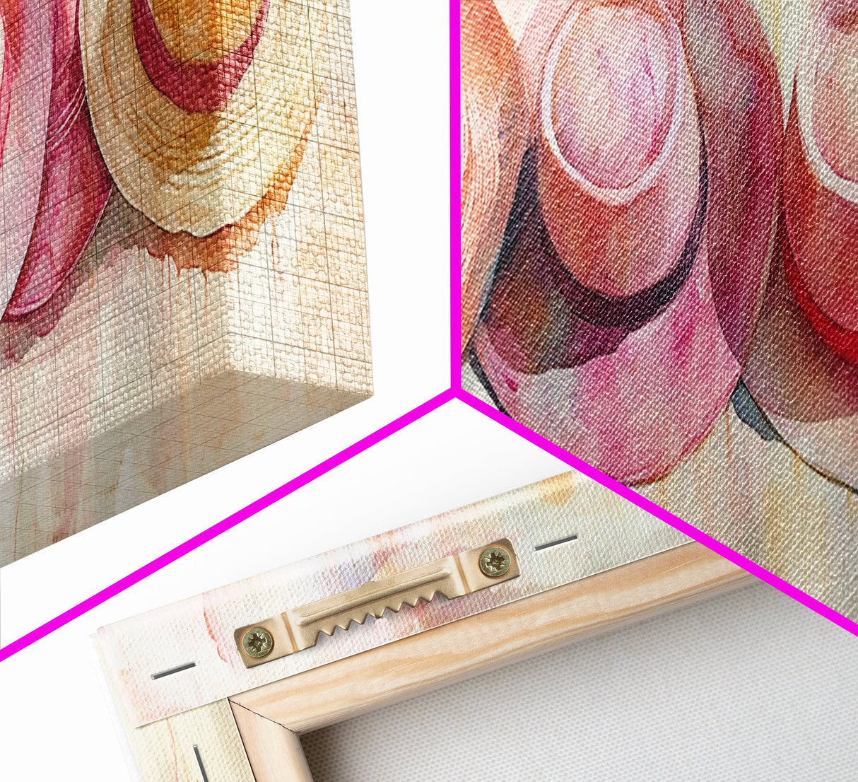 Pink Hats Wall Art Canvas Print Pearlescent Elements, Minimalist Abstract Artwork, Perfect Addition to Feminine Rustic Decor