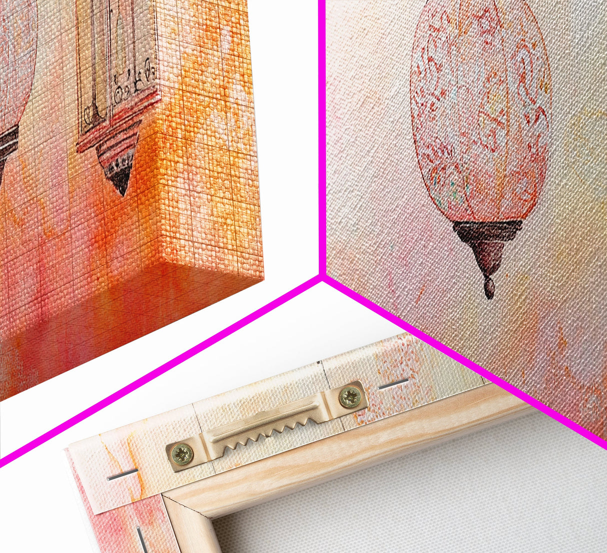 Moroccan Lanterns Canvas Print Pink Orange Wall Art Boho Decor Rustic Living Room Artwork Horizontal Farmhouse Style Gift Idea