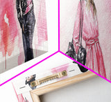Fashion Illustration Wall Art, Framed Canvas Print, Light Pink and Black Modern Style, Above Sofa Artwork, Whimsical Statement Piece