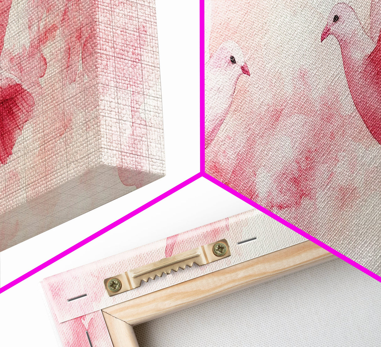 White Doves in Flight Artwork, Framed Canvas Print, Angelic Light Pink Wall Art, Whimsical Bedroom Decor, Feminine Spring Style