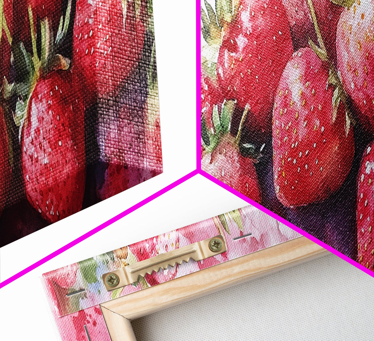 Framed Canvas Print of Bright Strawberry Botanical Prints in Pink for Rustic Kitchen Wall Art or Farmhouse Dining Room Decor