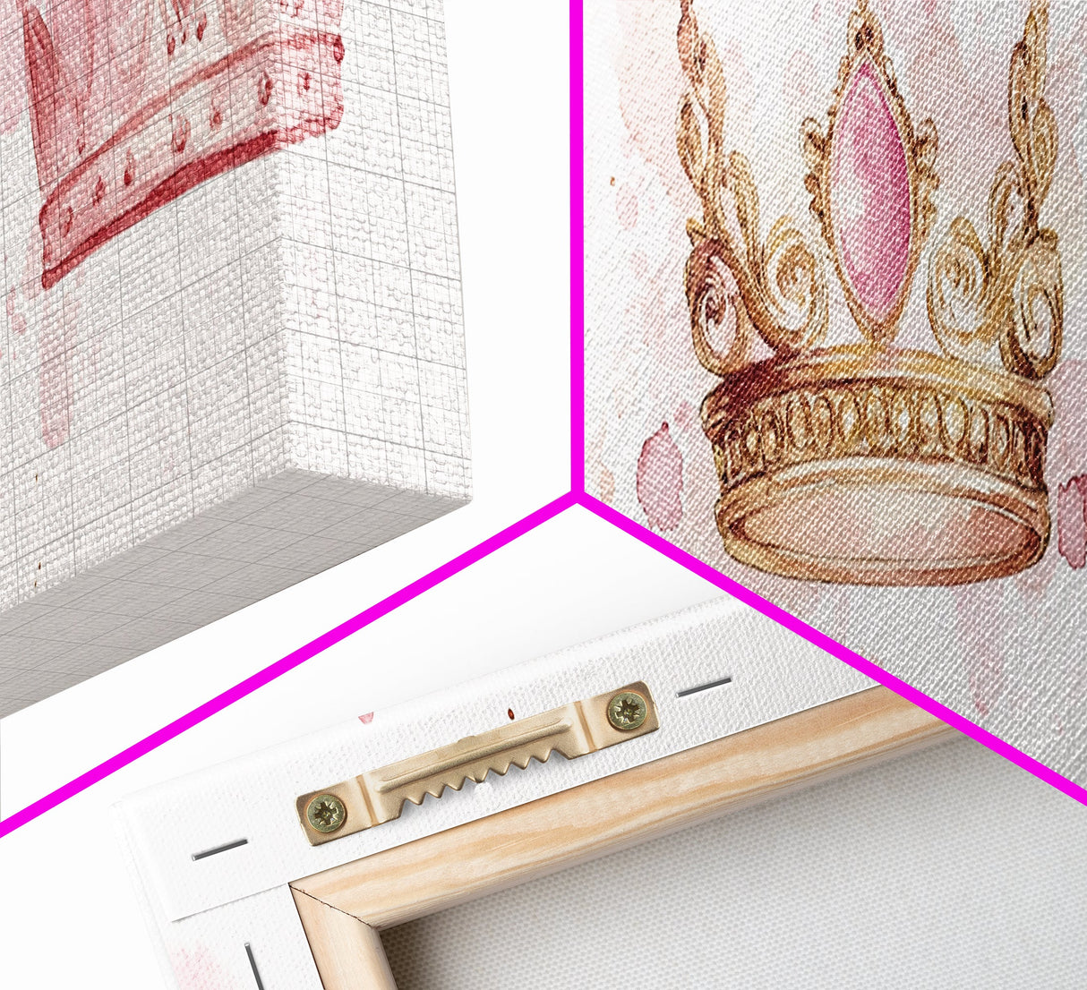 Framed Canvas Print of Elegant Crowns in Pink and Gold Perfect Gift Idea or Dorm Room Light Pink Wall Art with Royal Aesthetic